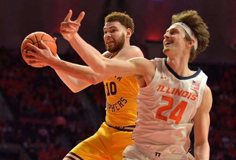 Feb 20, 2023; Champaign, Illinois, USA;  Minnesota Golden Gophers forward Jamison Battle (10) grabs a rebound in front of Illinois Fighting Illini forward Matthew Mayer (24) during the first half at State Farm Center. Mandatory Credit: Ron Johnson-USA TODAY Sports