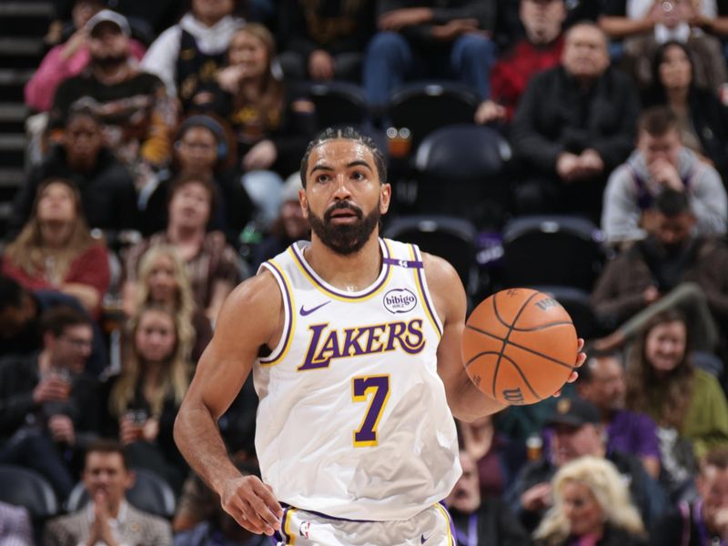 SALT LAKE CITY, UT - DECEMBER 1: Gabe Vincent #7 of the Los Angeles Lakers dribbles the ball during the game against the Utah Jazz on December 1, 2024 at Delta Center in Salt Lake City, Utah. NOTE TO USER: User expressly acknowledges and agrees that, by downloading and or using this Photograph, User is consenting to the terms and conditions of the Getty Images License Agreement. Mandatory Copyright Notice: Copyright 2024 NBAE (Photo by Melissa Majchrzak/NBAE via Getty Images)