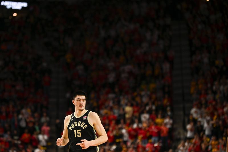 Feb 16, 2023; College Park, Maryland, USA;  Purdue Boilermakers center Zach Edey (15) runs down the court during the first half against the Maryland Terrapins at Xfinity Center. Mandatory Credit: Tommy Gilligan-USA TODAY Sports