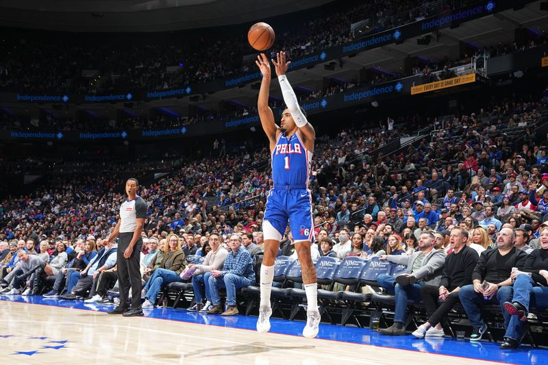 PHILADELPHIA, PA - DECEMBER 4: KJ Martin #1 of the Philadelphia 76ers shoots the ball during the game against the Orlando Magic on December 4, 2024 at the Wells Fargo Center in Philadelphia, Pennsylvania NOTE TO USER: User expressly acknowledges and agrees that, by downloading and/or using this Photograph, user is consenting to the terms and conditions of the Getty Images License Agreement. Mandatory Copyright Notice: Copyright 2024 NBAE (Photo by Jesse D. Garrabrant/NBAE via Getty Images)