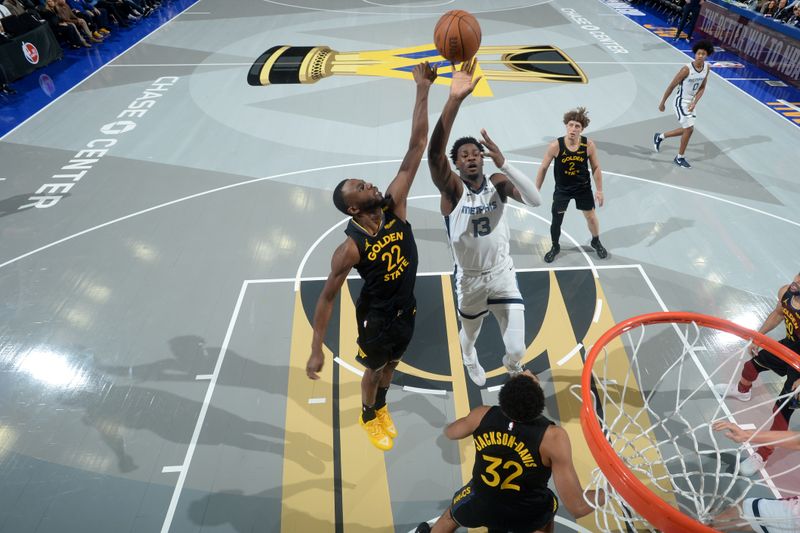 SAN FRANCISCO, CA - NOVEMBER 15: Jaren Jackson Jr. #13 of the Memphis Grizzlies shoots the ball during the game against the Golden State Warriors during the Emirates NBA Cup game on November 15, 2024 at Chase Center in San Francisco, California. NOTE TO USER: User expressly acknowledges and agrees that, by downloading and or using this photograph, user is consenting to the terms and conditions of Getty Images License Agreement. Mandatory Copyright Notice: Copyright 2024 NBAE (Photo by Noah Graham/NBAE via Getty Images)