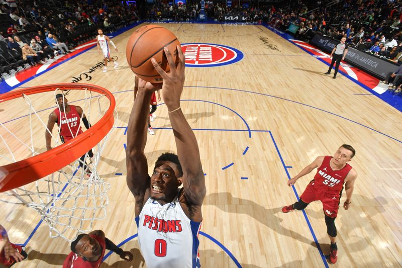 DETROIT, MI - MARCH 17: Jalen Duren #0 of the Detroit Pistons goes to the basket during the game on March 17, 2024 at Little Caesars Arena in Detroit, Michigan. NOTE TO USER: User expressly acknowledges and agrees that, by downloading and/or using this photograph, User is consenting to the terms and conditions of the Getty Images License Agreement. Mandatory Copyright Notice: Copyright 2024 NBAE (Photo by Chris Schwegler/NBAE via Getty Images)