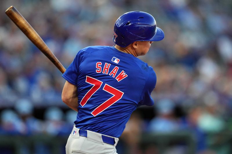 Mar 5, 2024; Surprise, Arizona, USA; Chicago Cubs third  baseman Matt Shaw (77) bats against the Kansas City Royals during the second inning at Surprise Stadium. Mandatory Credit: Joe Camporeale-USA TODAY Sports