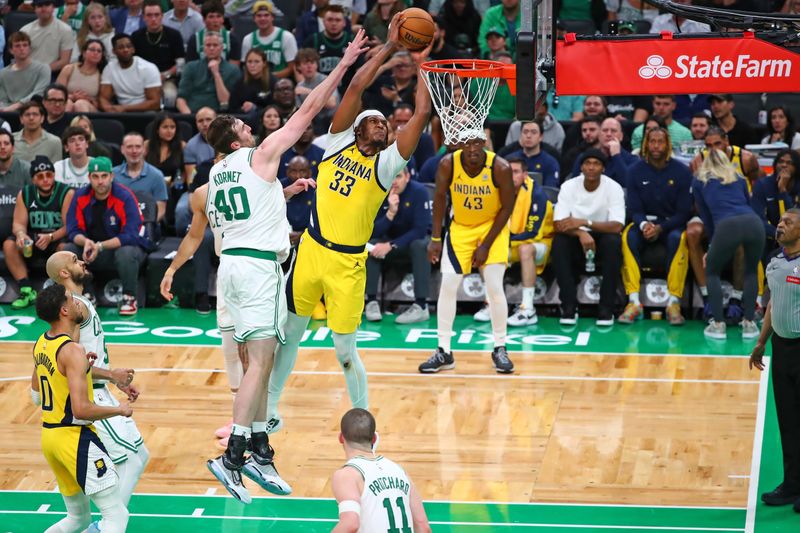 BOSTON, MA - MAY 21: (EDITORS NOTE: Dunk sequence 2 of 4) Myles Turner #33 of the Indiana Pacers dunks the ball during the game against the Boston Celtics during Game 1 of the Eastern Conference Finals of the 2024 NBA Playoffs on May 21, 2024 at the TD Garden in Boston, Massachusetts. NOTE TO USER: User expressly acknowledges and agrees that, by downloading and or using this photograph, User is consenting to the terms and conditions of the Getty Images License Agreement. Mandatory Copyright Notice: Copyright 2024 NBAE  (Photo by David L. Nemec/NBAE via Getty Images)