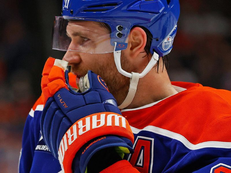 Jan 21, 2025; Edmonton, Alberta, CAN; Edmonton Oilers forward Leon Draisaitl (29) gets ready for play to begin against the Washington Capitals at Rogers Place. Mandatory Credit: Perry Nelson-Imagn Images