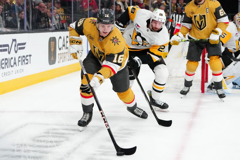 Jan 20, 2024; Las Vegas, Nevada, USA; Vegas Golden Knights left wing Pavel Dorofeyev (16) skates ahead of Pittsburgh Penguins defenseman Marcus Pettersson (28) during the first period at T-Mobile Arena. Mandatory Credit: Stephen R. Sylvanie-USA TODAY Sports