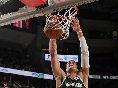 MILWAUKEE, WI - DECEMBER 11:  Brook Lopez #11 of the Milwaukee Bucks goes to the basket during the game on December 11, 2023 at the Fiserv Forum Center in Milwaukee, Wisconsin. NOTE TO USER: User expressly acknowledges and agrees that, by downloading and or using this Photograph, user is consenting to the terms and conditions of the Getty Images License Agreement. Mandatory Copyright Notice: Copyright 2023 NBAE (Photo by Gary Dineen/NBAE via Getty Images).