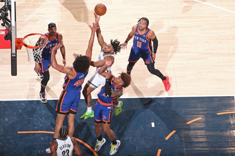 NEW YORK, NY - MARCH 23: Cam Thomas #24 of the Brooklyn Nets shoots the ball during the game against the New York Knicks on March 23, 2024 at Madison Square Garden in New York City, New York.  NOTE TO USER: User expressly acknowledges and agrees that, by downloading and or using this photograph, User is consenting to the terms and conditions of the Getty Images License Agreement. Mandatory Copyright Notice: Copyright 2024 NBAE  (Photo by Nathaniel S. Butler/NBAE via Getty Images)