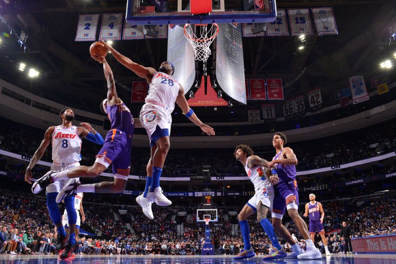 PHILADELPHIA, PA - JANUARY 6: Guerschon Yabusele #28 of the Philadelphia 76ers blocks a shot during the game against the Phoenix Suns on January 6, 2025 at the Wells Fargo Center in Philadelphia, Pennsylvania NOTE TO USER: User expressly acknowledges and agrees that, by downloading and/or using this Photograph, user is consenting to the terms and conditions of the Getty Images License Agreement. Mandatory Copyright Notice: Copyright 2025 NBAE (Photo by Jesse D. Garrabrant/NBAE via Getty Images)