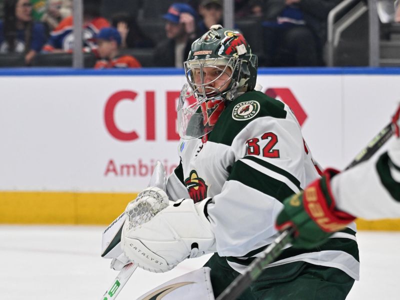 Dec 2, 2025; Edmonton, Alberta, CAN; Minnesota Wild goalie Fillip Gustavsson (32) is seen out on the ice before the first period at Rogers Place. Mandatory Credit: Walter Tychnowicz-Imagn Images