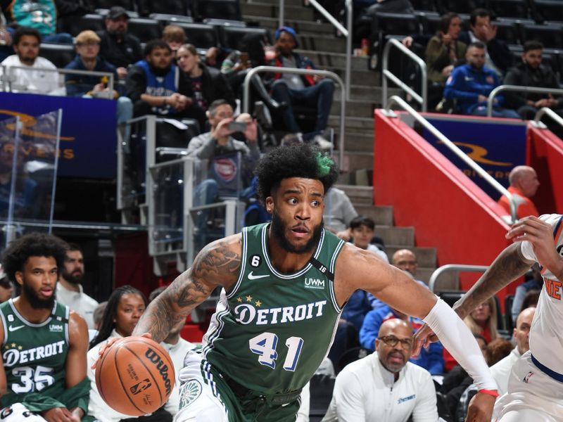 DETROIT, MI - NOVEMBER 29: Saddiq Bey #41 of the Detroit Pistons dribbles the ball during the game against the New York Knicks on November 29, 2022 at Little Caesars Arena in Detroit, Michigan. NOTE TO USER: User expressly acknowledges and agrees that, by downloading and/or using this photograph, User is consenting to the terms and conditions of the Getty Images License Agreement. Mandatory Copyright Notice: Copyright 2022 NBAE (Photo by Chris Schwegler/NBAE via Getty Images)