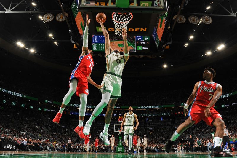 BOSTON, MA - FEBRUARY 27: Jayson Tatum #0 of the Boston Celtics drives to the basket during the game against the Philadelphia 76ers on February 27, 2024 at the TD Garden in Boston, Massachusetts. NOTE TO USER: User expressly acknowledges and agrees that, by downloading and or using this photograph, User is consenting to the terms and conditions of the Getty Images License Agreement. Mandatory Copyright Notice: Copyright 2024 NBAE  (Photo by Brian Babineau/NBAE via Getty Images)