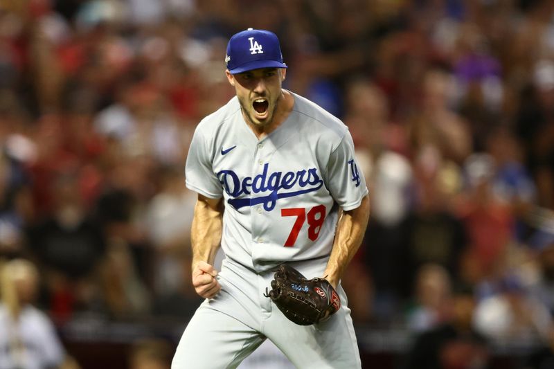 Oct 11, 2023; Phoenix, Arizona, USA; Los Angeles Dodgers starting pitcher Michael Grove (78) reacts after getting an out against the Arizona Diamondbacks in the fifth inning for game three of the NLDS for the 2023 MLB playoffs at Chase Field. Mandatory Credit: Mark J. Rebilas-USA TODAY Sports