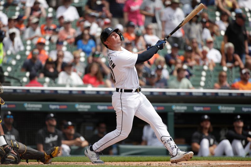 Jul 23, 2023; Detroit, Michigan, USA; Detroit Tigers infielder Spencer Torkelson (20) hits a home run during the first inning of the game against the San Diego Padres at Comerica Park. Mandatory Credit: Brian Bradshaw Sevald-USA TODAY Sports