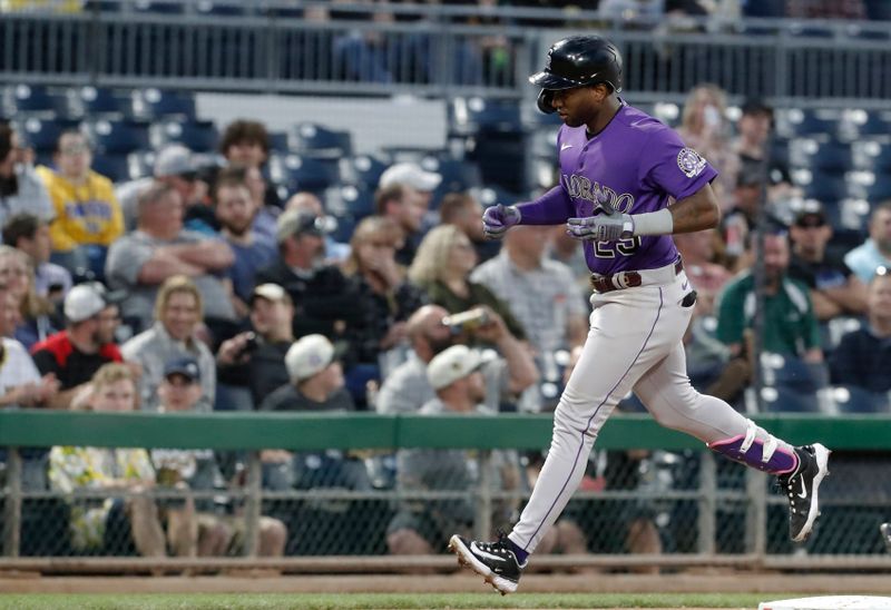May 9, 2023; Pittsburgh, Pennsylvania, USA;  Colorado Rockies left fielder Jurickson Profar (29) circles the bases after hitting a two run home run against the Pittsburgh Pirates during the seventh inning at PNC Park. Mandatory Credit: Charles LeClaire-USA TODAY Sports