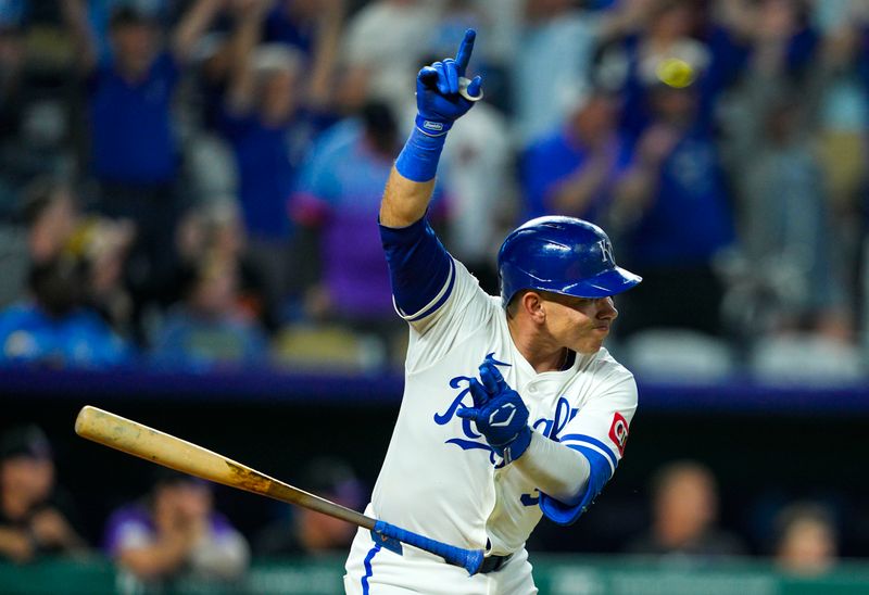Apr 22, 2025; Kansas City, Missouri, USA; Kansas City Royals catcher Freddy Fermin (34) celebrates after hitting a walk-off single during the eleventh inning against the Colorado Rockies at Kauffman Stadium. Mandatory Credit: Jay Biggerstaff-Imagn Images