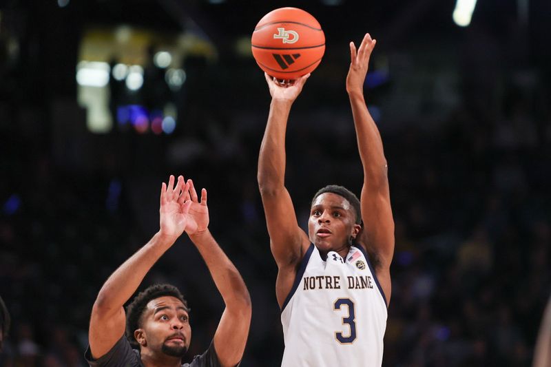 Jan 9, 2024; Atlanta, Georgia, USA; Notre Dame Fighting Irish guard Markus Burton (3) shoots against the Georgia Tech Yellow Jackets in the first half at McCamish Pavilion. Mandatory Credit: Brett Davis-USA TODAY Sports