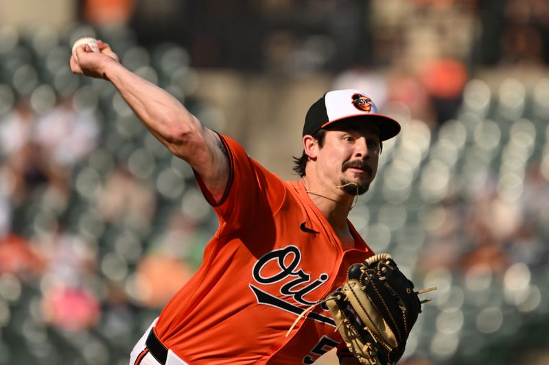 Jun 28, 2025; Baltimore, Maryland, USA; Baltimore Orioles relief pitcher Kade Strowd (57) throws a pitch against the Tampa Bay Rays during the fifth inning at Oriole Park at Camden Yards. Mandatory Credit: Rafael Suanes-Imagn Images