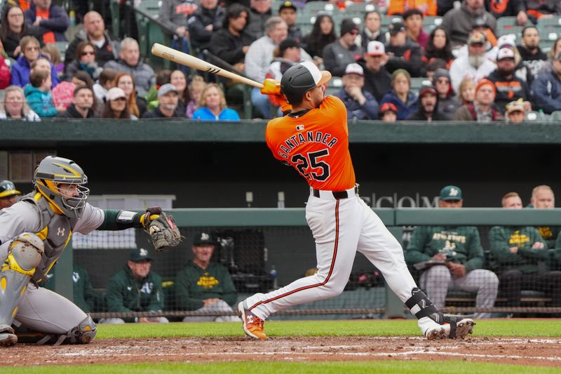 Apr 27, 2024; Baltimore, Maryland, USA; Baltimore Orioles right fielder Anthony Santander (25) hits a RBI double against the Oakland Athletics during the fourth inning at Oriole Park at Camden Yards. Mandatory Credit: Gregory Fisher-USA TODAY Sports