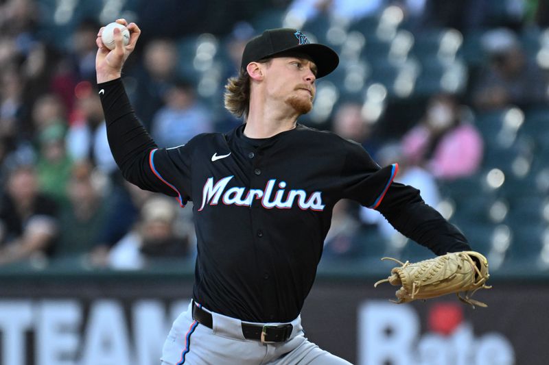 May 9, 2025; Chicago, Illinois, USA;  Miami Marlins pitcher Max Meyer (23) delivers during the second inning against the Chicago White Sox at Rate Field. Mandatory Credit: Matt Marton-Imagn Images