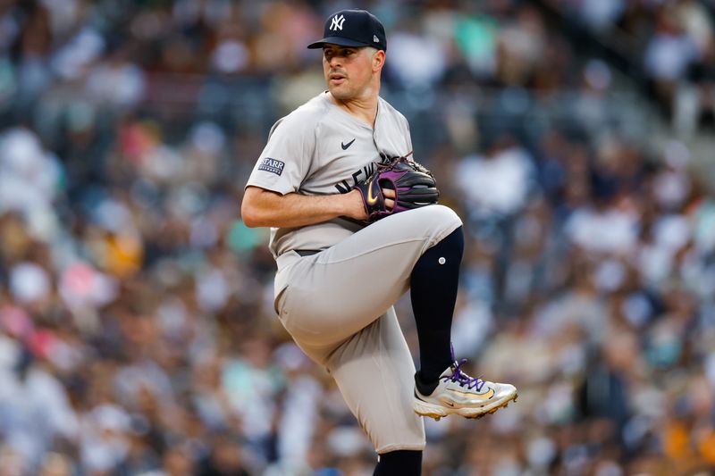 May 24, 2024; San Diego, California, USA; New York Yankees starting pitcher Carlos Rodon (55) throws a pitch in the first inning against the San Diego Padres at Petco Park. Mandatory Credit: David Frerker-USA TODAY Sports