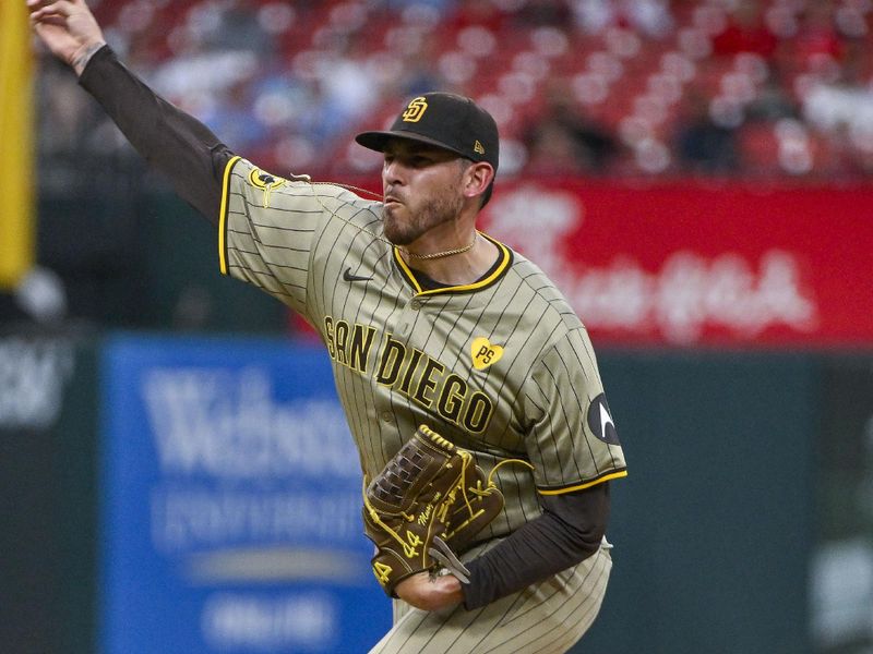 Aug 28, 2024; St. Louis, Missouri, USA;  San Diego Padres starting pitcher Joe Musgrove (44) pitches against the St. Louis Cardinals during the first inning at Busch Stadium. Mandatory Credit: Jeff Curry-USA TODAY Sports