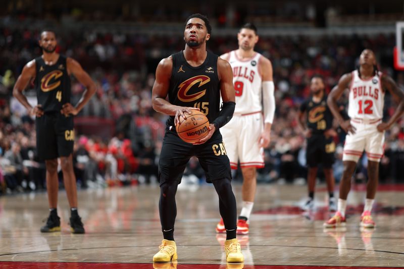 CHICAGO, IL - FEBRUARY 28: Donovan Mitchell #45 of the Cleveland Cavaliers shoots a free throw during the game against the Chicago Bulls on February 28, 2024 at United Center in Chicago, Illinois. NOTE TO USER: User expressly acknowledges and agrees that, by downloading and or using this photograph, User is consenting to the terms and conditions of the Getty Images License Agreement. Mandatory Copyright Notice: Copyright 2024 NBAE (Photo by Jeff Haynes/NBAE via Getty Images)