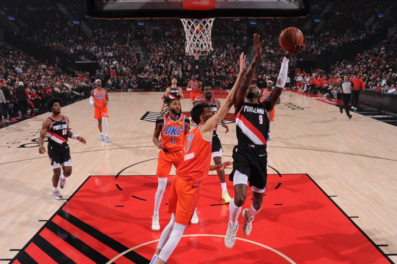 PORTLAND, OR - NOVEMBER 1: Jerami Grant #9 of the Portland Trail Blazers drives to the basket during the game against the Oklahoma City Thunder on November 1, 2024 at the Moda Center Arena in Portland, Oregon. NOTE TO USER: User expressly acknowledges and agrees that, by downloading and or using this photograph, user is consenting to the terms and conditions of the Getty Images License Agreement. Mandatory Copyright Notice: Copyright 2024 NBAE (Photo by Cameron Browne/NBAE via Getty Images)
