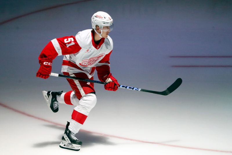 Oct 1, 2024; Pittsburgh, Pennsylvania, USA;  Detroit Red Wings defenseman Eemil Viro (51) takes the ice to warm up against the Pittsburgh Penguins at PPG Paints Arena. Mandatory Credit: Charles LeClaire-Imagn Images