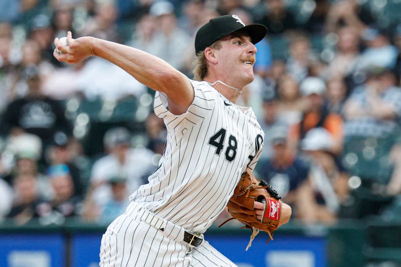 Jun 2, 2025; Chicago, Illinois, USA; Chicago White Sox starting pitcher Jonathan Cannon (48) delivers a pitch against the Detroit Tigers during the first inning at Rate Field. Mandatory Credit: Kamil Krzaczynski-Imagn Images