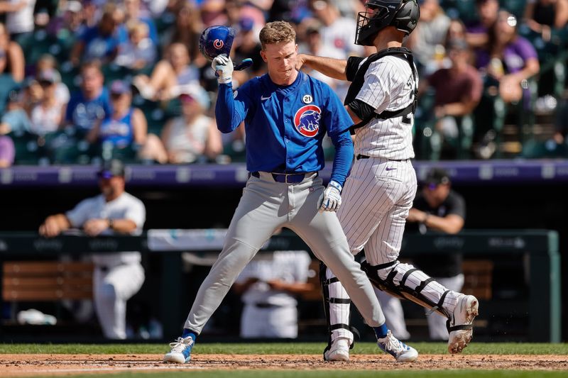 Sep 15, 2024; Denver, Colorado, USA; Chicago Cubs center fielder Pete Crow-Armstrong (52) reacts after striking out swinging in the fifth inning against the Colorado Rockies at Coors Field. Mandatory Credit: Isaiah J. Downing-Imagn Images