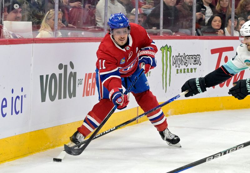 Dec 4, 2023; Montreal, Quebec, CAN; Montreal Canadiens forward Brendan Gallagher (11) plays the puck during the second period of the game against the Seattle Kraken at the Bell Centre. Mandatory Credit: Eric Bolte-USA TODAY Sports