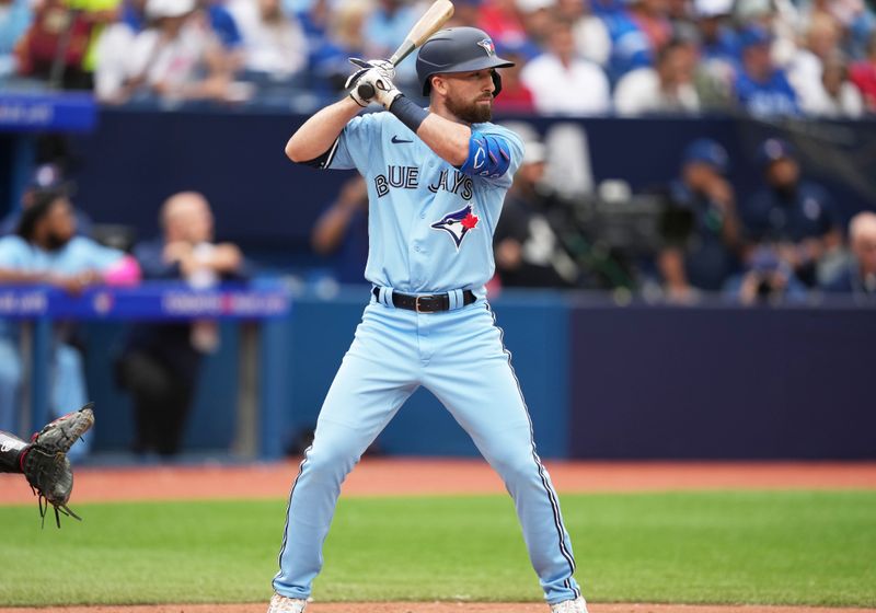 Aug 30, 2023; Toronto, Ontario, CAN; Toronto Blue Jays pinch hitter Mason McCoy (10) waits for a pitch during his major league debut against the Washington Nationals during the eighth inning at Rogers Centre. Mandatory Credit: Nick Turchiaro-USA TODAY Sports