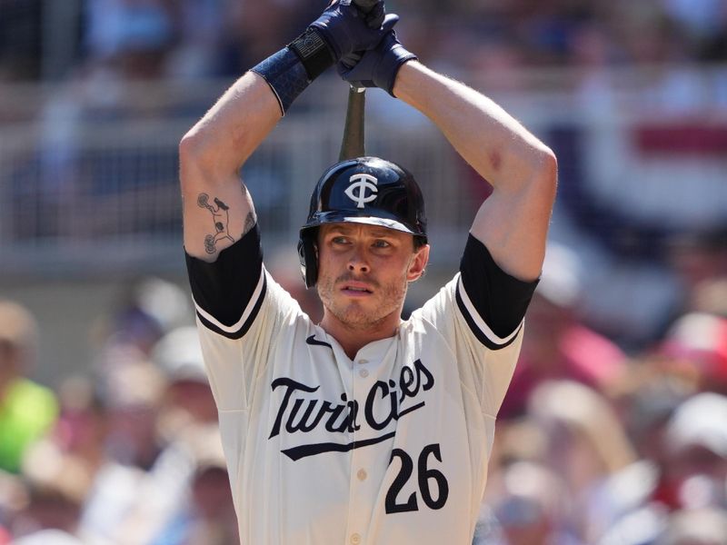 Aug 11, 2024; Minneapolis, Minnesota, USA; Minnesota Twins right fielder Max Kepler (26) looks on during the fifth inning against the Cleveland Guardians at Target Field. Mandatory Credit: Jordan Johnson-USA TODAY Sports