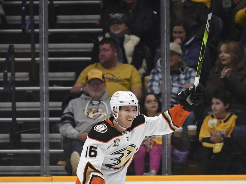 Jan 9, 2024; Nashville, Tennessee, USA; Anaheim Ducks center Ryan Strome (16) celebrates after a goal during the first period at Bridgestone Arena. Mandatory Credit: Christopher Hanewinckel-USA TODAY Sports