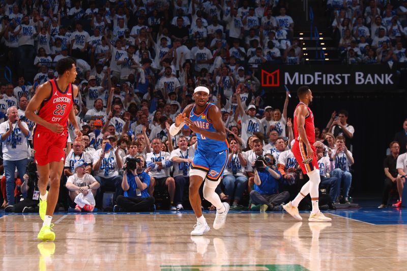 OKLAHOMA CITY, OK - APRIL 24: Shai Gilgeous-Alexander #2 of the Oklahoma City Thunder celebrates during the game against the New Orleans Pelicans during Round 1 Game 2 of the 2024 NBA Playoffs on April 24, 2024 at Paycom Arena in Oklahoma City, Oklahoma. NOTE TO USER: User expressly acknowledges and agrees that, by downloading and or using this photograph, User is consenting to the terms and conditions of the Getty Images License Agreement. Mandatory Copyright Notice: Copyright 2024 NBAE (Photo by Zach Beeker/NBAE via Getty Images)