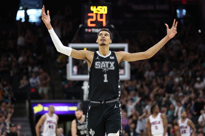 SAN ANTONIO, TX - APRIL 7: Victor Wembanyama #1 of the San Antonio Spurs celebrates during the game against the Philadelphia 76ers on April 7, 2024 at the Frost Bank Center in San Antonio, Texas. NOTE TO USER: User expressly acknowledges and agrees that, by downloading and or using this photograph, user is consenting to the terms and conditions of the Getty Images License Agreement. Mandatory Copyright Notice: Copyright 2024 NBAE (Photos by Tim Heitman/NBAE via Getty Images)