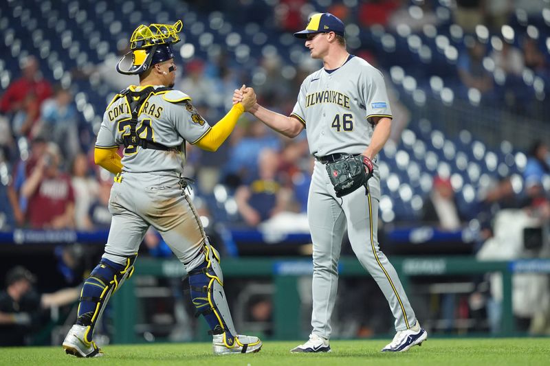 May 30, 2025; Philadelphia, Pennsylvania, USA; Milwaukee Brewers starting pitcher Quinn Priester (46) and catcher William Contreras (24) celebrate after the game against the Philadelphia Phillies at Citizens Bank Park. Mandatory Credit: Kyle Ross-Imagn Images