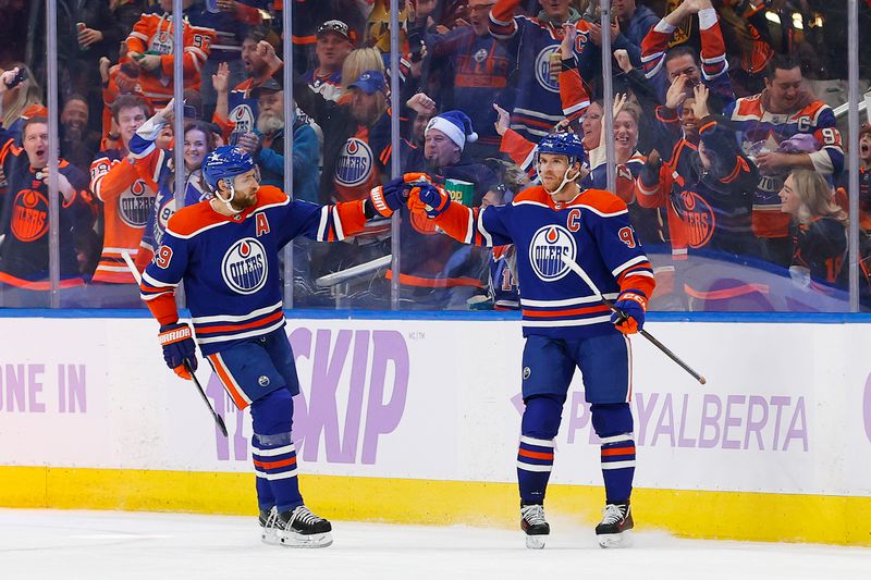 Nov 28, 2023; Edmonton, Alberta, CAN; Edmonton Oilers forward Connor McDavid (97) celebrates after scoring a goal during the second period against the Vegas Golden Knights at Rogers Place. Mandatory Credit: Perry Nelson-USA TODAY Sports