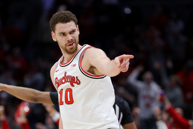 Feb 18, 2024; Columbus, Ohio, USA;  Ohio State Buckeyes forward Jamison Battle (10) celebrates during the second half against the Purdue Boilermakers at Value City Arena. Mandatory Credit: Joseph Maiorana-USA TODAY Sports