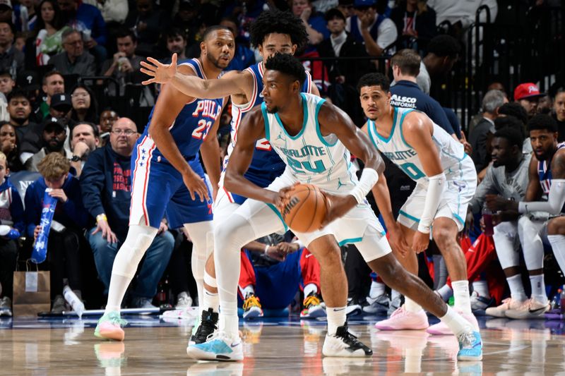 PHILADELPHIA, PA - NOVEMBER 10: Brandon Miller #24 of the Charlotte Hornets dribbles the ball during the game against the Philadelphia 76ers on November 10, 2024 at the Wells Fargo Center in Philadelphia, Pennsylvania NOTE TO USER: User expressly acknowledges and agrees that, by downloading and/or using this Photograph, user is consenting to the terms and conditions of the Getty Images License Agreement. Mandatory Copyright Notice: Copyright 2024 NBAE (Photo by David Dow/NBAE via Getty Images)