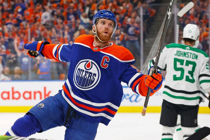 Jun 2, 2024; Edmonton, Alberta, CAN; Edmonton Oilers forward Connor McDavid (97) celebrates after scoring a goal against the Dallas Stars during the first period in game six of the Western Conference Final of the 2024 Stanley Cup Playoffs at Rogers Place. Mandatory Credit: Perry Nelson-USA TODAY Sports