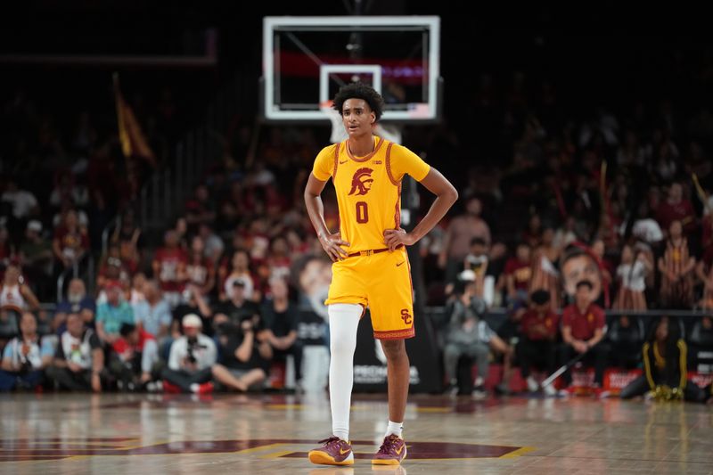 Jan 31, 2026; Los Angeles, California, USA; Southern California Trojans guard Alijah Arenas (0) reacts against the Rutgers Scarlet Knights in the second half at Galen Center. Mandatory Credit: Kirby Lee-Imagn Images
