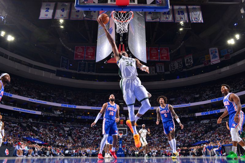 PHILADELPHIA, PA - OCTOBER 23: Giannis Antetokounmpo #34 of the Milwaukee Bucks drives to the basket during the game against the Philadelphia 76ers on October 23, 2024 at the Wells Fargo Center in Philadelphia, Pennsylvania NOTE TO USER: User expressly acknowledges and agrees that, by downloading and/or using this Photograph, user is consenting to the terms and conditions of the Getty Images License Agreement. Mandatory Copyright Notice: Copyright 2024 NBAE (Photo by Jesse D. Garrabrant/NBAE via Getty Images)