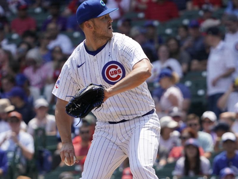 Jun 16, 2024; Chicago, Illinois, USA; Chicago Cubs pitcher Jameson Taillon (50) throws the ball against the St. Louis Cardinals during the first inning at Wrigley Field. Mandatory Credit: David Banks-USA TODAY Sports