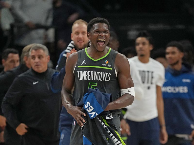 MINNEAPOLIS, MN - NOVEMBER 1: Anthony Edwards #5 of the Minnesota Timberwolves celebrates during the game against the Denver Nuggets on November 1, 2024 at Target Center in Minneapolis, Minnesota. NOTE TO USER: User expressly acknowledges and agrees that, by downloading and or using this Photograph, user is consenting to the terms and conditions of the Getty Images License Agreement. Mandatory Copyright Notice: Copyright 2024 NBAE (Photo by Jordan Johnson/NBAE via Getty Images)