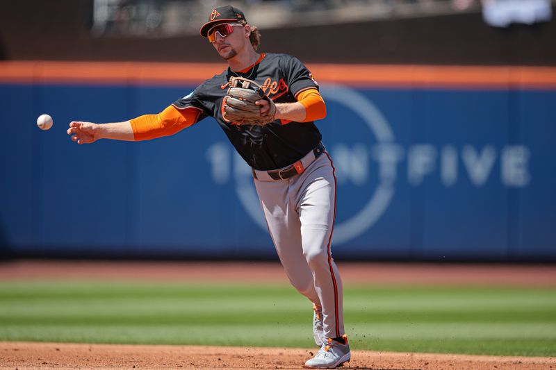 Aug 21, 2024; New York City, New York, USA;  Baltimore Orioles shortstop Gunnar Henderson (2) throws the ball to first base for an out during the fourth inning against the New York Mets at Citi Field. Mandatory Credit: Vincent Carchietta-USA TODAY Sports