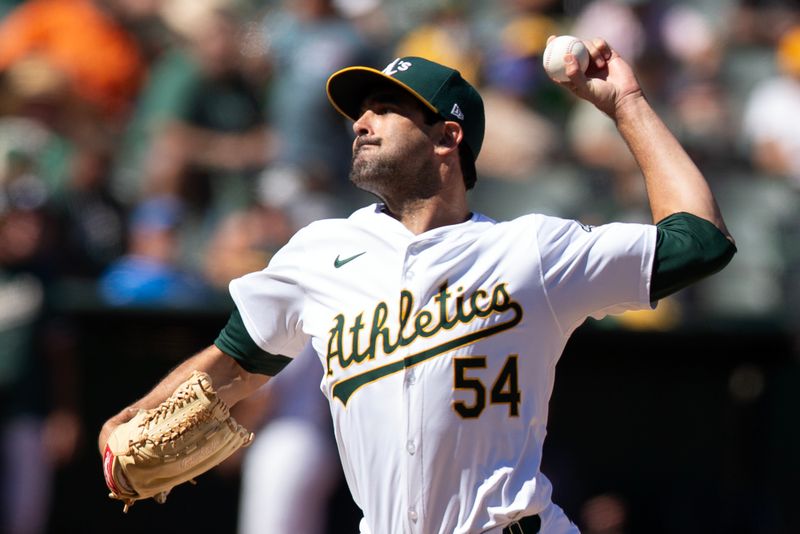 Sep 8, 2024; Oakland, California, USA; Oakland Athletics pitcher Scott Alexander (54) delivers a pitch against the Detroit Tigers during the seventh inning at Oakland-Alameda County Coliseum. Mandatory Credit: D. Ross Cameron-Imagn Images