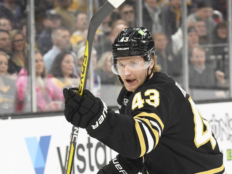 Feb 8, 2024; Boston, Massachusetts, USA; Boston Bruins left wing Danton Heinen (43) reacts after scoring a shorthanded goal against the Vancouver Canucks during the first period at TD Garden. Mandatory Credit: Bob DeChiara-USA TODAY Sports