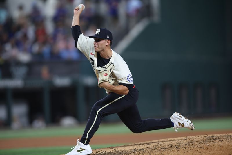 Sep 20, 2024; Arlington, Texas, USA; Texas Rangers pitcher Jack Leiter (35) throws a pitch against the Seattle Mariners in the fourth inning at Globe Life Field. Mandatory Credit: Tim Heitman-Imagn Images